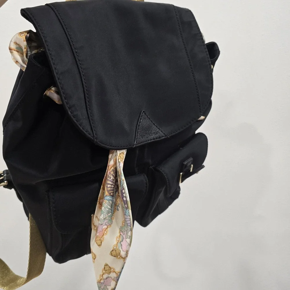 Sam Edelman‎ Black Nylon Backpack Gold Hardware Scarf Drawstring Flap Pocket...
